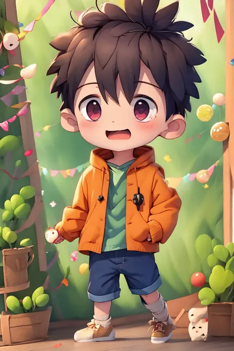 a cartoon boy in a yellow jacket standing in front of a green wall