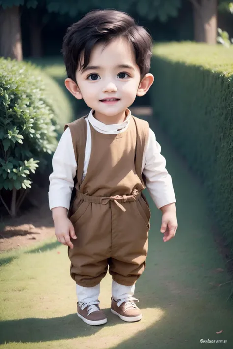 a close up of a small child standing in a garden