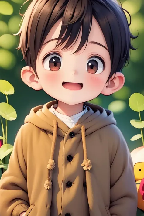 a cartoon boy with a brown jacket and a brown jacket