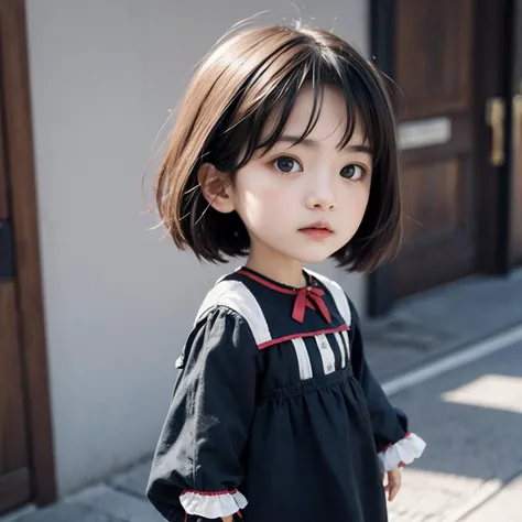 a close up of a young girl with a black dress and red bow