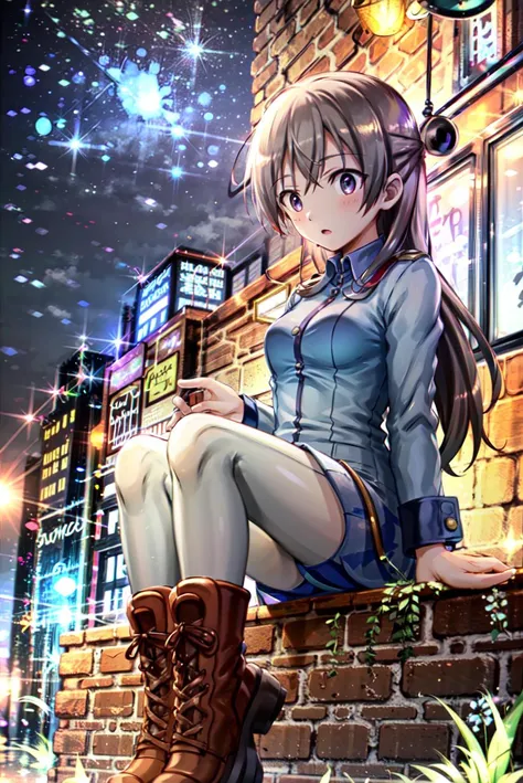 masterpiece, best quality, ultra detailed, highres, colorful, night outdoors, aaeila,(purple eyes:0.5),long hair,light blue uniform,white pantyhose,white boots,<lora:eila_ilmatar_juutilainen:0.7> 
<lora:Otizu_style:0.85> (OTizu), font