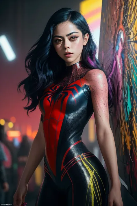 painting of seductive (Ros4S4l4z4r:0.99), a woman as a superhero, (closeup portrait:1.2), (colorful superhero outfit:1.1), in a (Spiderverse movie), (long trousers), (masterpiece painting by Carne Griffiths:1.2) (bokeh) (best quality) (detailed skin textur...