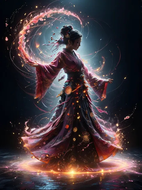 cinematic shot, dynamic lighting, geisha wearing an kimono ornated with magic symbols, dancing, mad-hrmtcwzrd, dust, light rays, caustics, DonMW15pXL, light light smile, cherry blossom, petals <lora:Neon_Cyberpunk_SDXL_Hermetic_Wizard:0.8>  <lora:ArtfullyD...