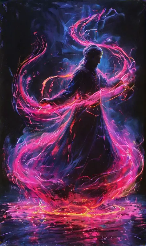 a painting of a woman in a long dress with pink and blue lights