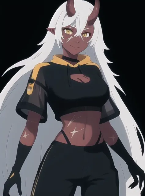eufoniuz, anime style, anime coloring, cowboy shot, 1girl, looking at viewer, smile, closed mouth, red skin, colored skin, demon girl, oni, horns, oni horns, orange and yellow eyes, pointy ears, hair between eyes, white hair, bangs, long hair, scar, scar o...
