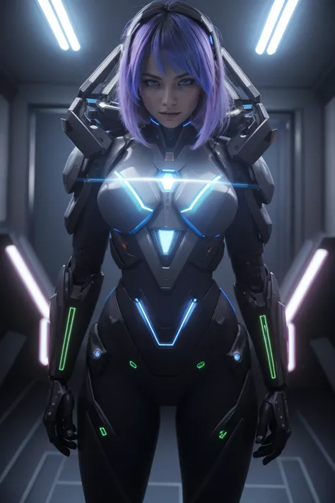 a futuristic girl in a suit standing in front of a background of futuristic mech,  mecha, cyberpunk art, afrofuturism, tattoo,  glowing lines, indoors,  looking at viewer, electricity, holographic interface,  hoodie, antenna hair, energy barrier, 
masterpi...