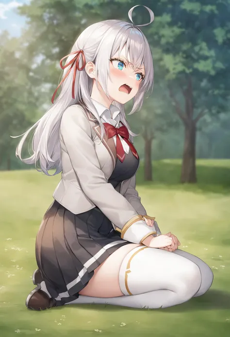 anime girl sitting on the ground in a field with trees