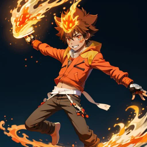 (little boy), [[grin]], random pose, (boy), smooth skin <lora:Tsuna_Reborn2-10:1 >tsuna sawada, brown eyes,  flame headwear