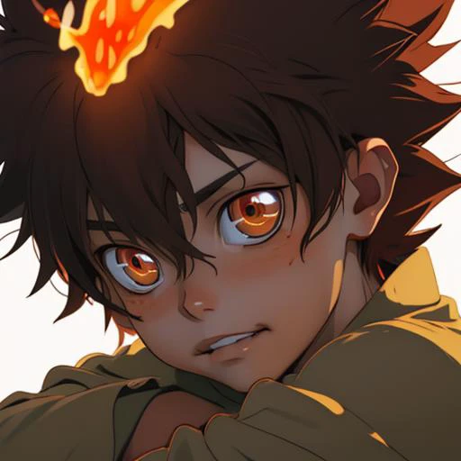 (little boy), [[grin]], random pose, (boy), smooth skin <lora:Tsuna_Reborn2-10:1 >tsuna sawada, brown eyes,  flame headwear, chiaroscuro, atmospheric