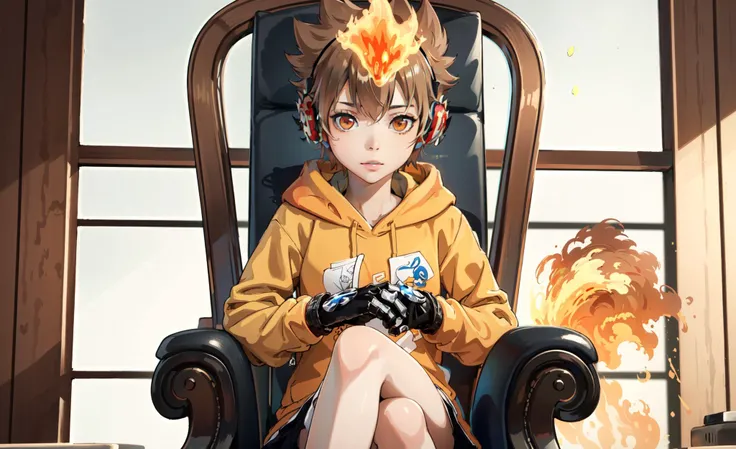 (3d, sharper image, 4k, ultra hd, best quality, masterpiece, perfect face, beautiful),  <lora:Tsuna_Reborn2:1>  TSUNA SAWADA, Orange hoodie with flame print, GLOVES, FLAME HEADWEAR, HEADPHONES, FINGERLESS GLOVES, BROWN EYES, TSUNA SAWADA, sitting inside th...