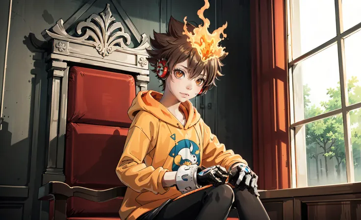 (3d, sharper image, 4k, ultra hd, best quality, masterpiece, perfect face, beautiful),  <lora:Tsuna_Reborn2:1>  TSUNA SAWADA, Orange hoodie with flame print, GLOVES, FLAME HEADWEAR, HEADPHONES, FINGERLESS GLOVES, BROWN EYES, TSUNA SAWADA, sitting inside th...