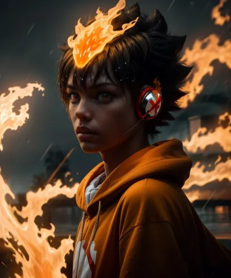 a young boy with headphones on in front of a fire