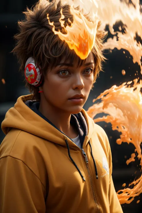 a close up of a person with headphones on with a fire