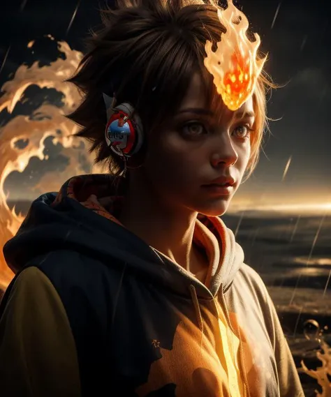 a woman with headphones on standing in front of a fire