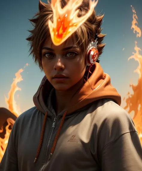 a close up of a person with a fire head on