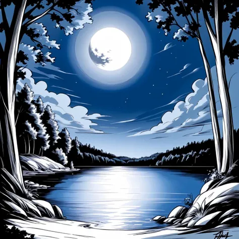 <lora:azure_sketch_illustration:1>   arsmjstyle, azuresketch, moonlit lake, a black and white drawing of a lake with a full moon...