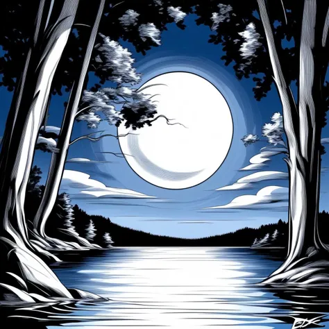 arsmjstyle, azuresketch, moonlit lake, a black and white drawing of a lake with a full moon in the background., tree, sky, no hu...