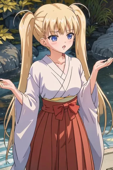 best quality, masterpiece, highres, solo, {white kimono:1.35}, {red hakama:1.35}, {wide sleeves:1.20}, {airi_akizuki_onichichi:1.15}, blonde_hair, blush, twintails, blue_eyes, long_hair, breasts