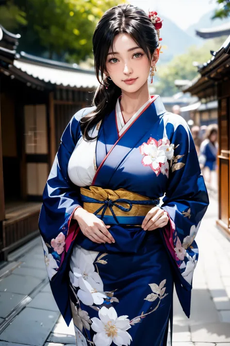 a woman in a blue kimono is standing on a street