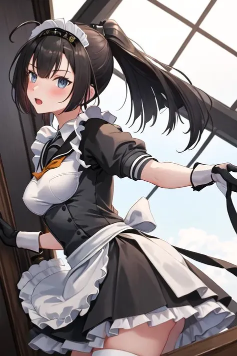 best quality, masterpiece, highres, solo, {maid:1.40}, {long maid dress:1.15}, {akizuki_kantaicollection:1.15}, black_hair, ponytail, headband, long_hair, hachimaki, blush, serafuku, blue_eyes, open_mouth, ahoge, breasts