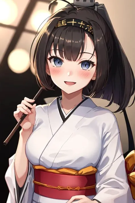 best quality, masterpiece, highres, solo, {akizuki_kantaicollection:1.15}, black_hair, ponytail, headband, long_hair, hachimaki, blush, serafuku, blue_eyes, open_mouth, ahoge, breasts, 1girl, japanese_clothes, kimono, yukata, checkered_kimono, smile, check...