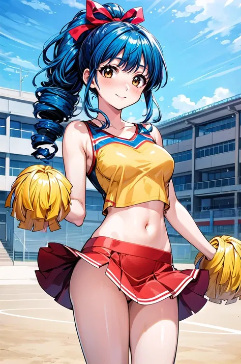 (masterpiece, best quality, detailed), 1girl, solo, ookubo_kumi, brown eyes, blue hair, drill hair, hair ribbon, ponytail, looking at viewer,
cheerleader, pom pom (cheerleading), crop top, midriff, miniskirt, <lora:school_yard_v0.1:1>, school yard, field, ...