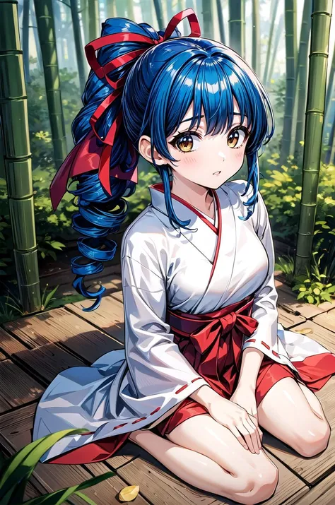 (masterpiece, best quality, detailed), 1girl, solo, ookubo_kumi, brown eyes, blue hair, drill hair, hair ribbon, ponytail, looking at viewer,
miko, japanese clothes, red hakama, wide sleeves, white kimono, ribbon trim, hip vent, hakama short skirt, outdoor...