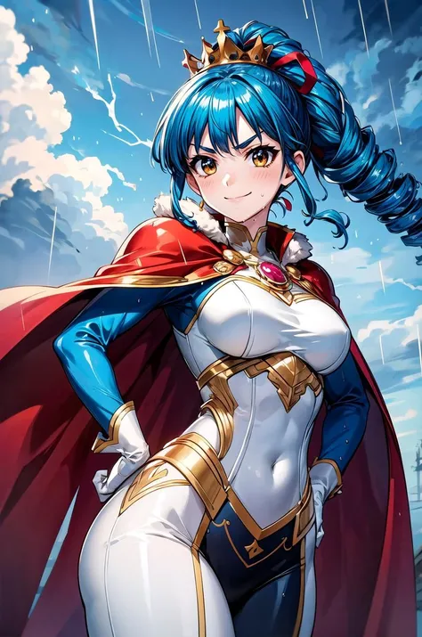 (masterpiece, best quality, detailed), 1girl, solo, ookubo_kumi, brown eyes, blue hair, drill hair, hair ribbon, ponytail, looking at viewer,
king, cape, fur-trimmed cape, armor, gold, crown, gem, jewelry, white gloves, outdoors, lightning, rain, cloudy sk...