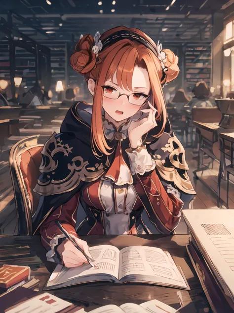 anime girl sitting at a table with a book and pen