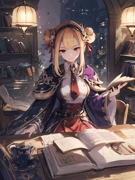 anime girl sitting at a table with a book and a cup of coffee