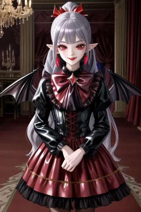 (half body, cowboy shot:1.2), professional image of a cute vampire girl, (1girl, dress, glossy latex dress, vampire brooch, vampire earrings, vampire accessories),
(vampire wings:1.1), (hair, ponytail, hair above cheeks, grey hair with red hairtips, gradie...