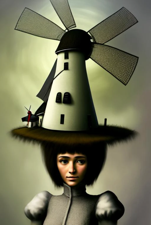 <lora:shouten_pegasus_mix_mori:1.4>, (windmill:1.1) made of hair on top of a tiny woman