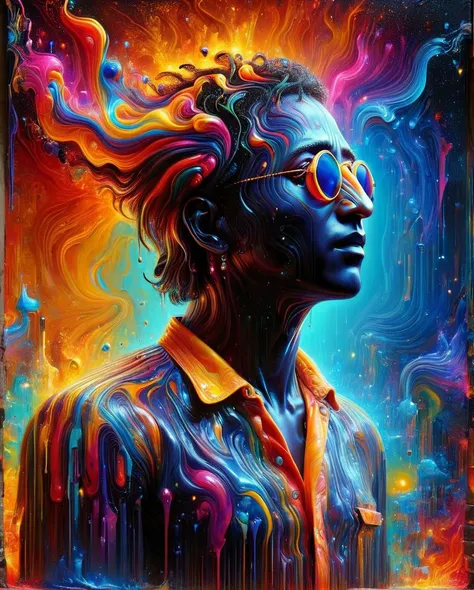 made of ais-brknlvlmp, dark art by John Harris and Trevor Brown, sci-fi art, intricate background, upper body shot of a 1990S Giant well-built Congolese (John Lennon:1.2) , he is doing Home improvement, Chic hair styled as Long bob, Bling, Hippie Art, Vibr...