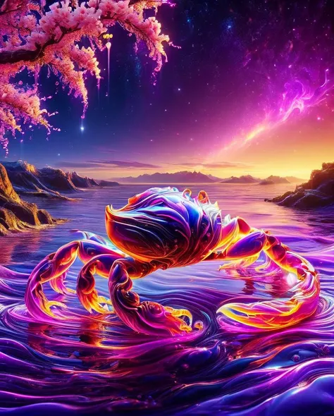 made of ais-brknlvlmp, minimalism art designed by Andrea Mantegna, Enchanting [Crab| Salamander], at Midday, Very wide view, Joyful, Starlight, F/8, electric purple color grading, cherry blossom pink flakes, gleeful, psychedelic, <lora:Broken_Lava_Lamp:1>