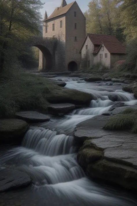 a close up of a waterfall in front of a building with a clock tower