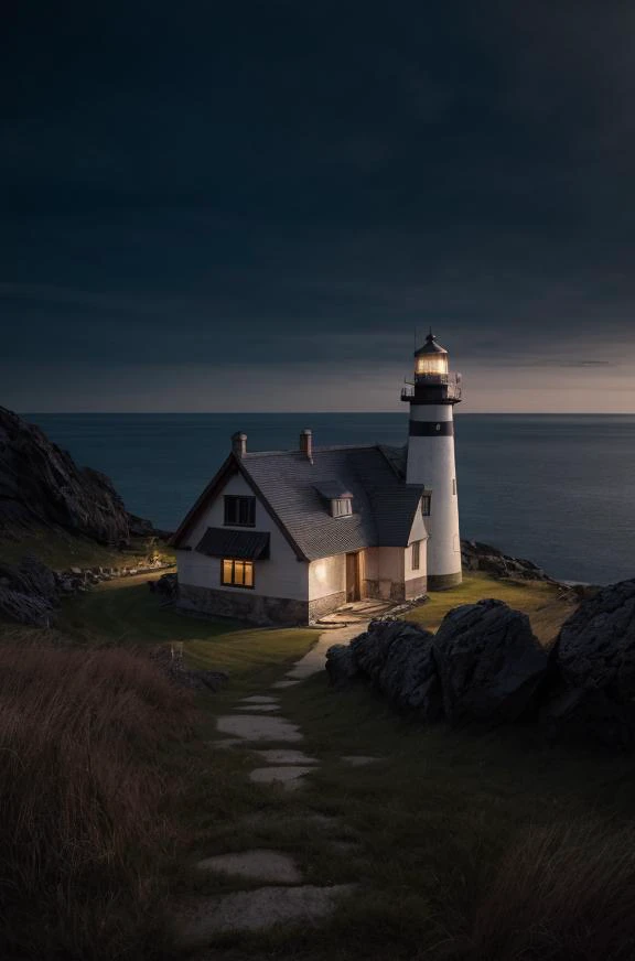 light house, by the sea, rock, wood house, grass, (masterpiece), ((ultra-detailed)), (highly detailed CG illustration), (expressionless), (best quality:1.2), High quality texture, intricate details, detailed texture, High quality shadow, Cinematic Light, D...