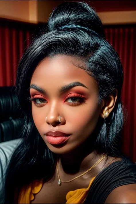 a close up of a woman with black hair and red eyes