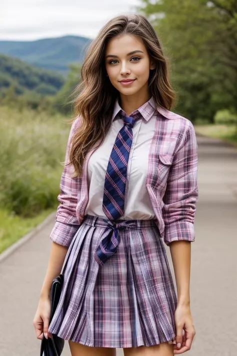 a woman in a plaid shirt and skirt is posing for a picture