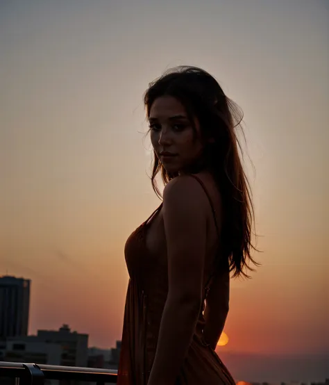 arafed woman in a brown dress standing on a balcony at sunset