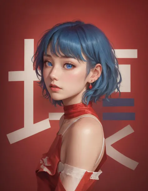1girl,solo,blue hair,earrings,jewelry,blue eyes,short hair,(red background:1.2),looking at viewer,upper body,from side,bangs,simple background,lips,breasts,realistic,bare shoulders