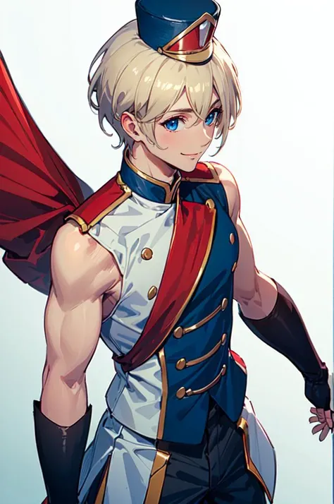 <lora:sunfes-v2:0.8> sunfes, uniform, mini shako cap,, ultra detailed, masterpiece, best quality, aesthetic, detailed,, solo, smile, 1boy, blue eyes, medium blonde hair, parted bangs, hair intakes, male focus, muscular male,