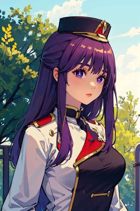 <lora:sunfes-v2:0.8> sunfes, uniform, mini shako cap,  <lora:CHAR-Fern:1> FernFrieren, very long hair, purple eyes, (purple pupils),, ultra detailed, masterpiece, best quality, aesthetic, detailed,