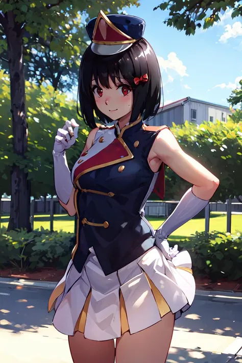 anime girl in uniform posing for a picture in a park