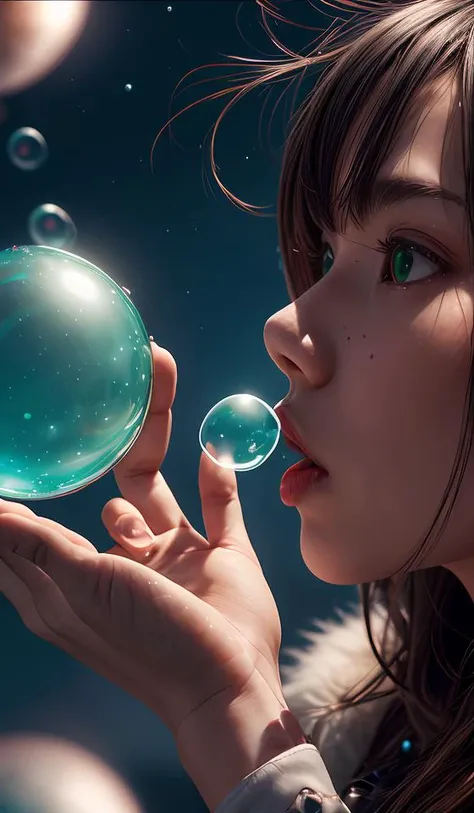 blowing bubble gum, green bubble gum,young girl, abstract dream, space, intricate, grand scale, alone, cinematic film still, insane detail, sharp focus, depth of field, realistic lighting, (realistic perspective), complex, (multiple subjects), 4k HDR, <lor...