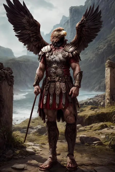 An ancient anthropomorphic eagle command(eaglecore:1.7),romanarmy <lora:ARWromanarmy:1>,wearing an ancient roman armor,holding things ( right hand holding wand,left hand holding horsewhip),mount (lizard (lizardcore:1.2)),photography, beautiful, ancient rom...