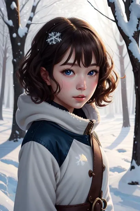 A cute little girl with shoulder length curly brown hair and blue eyes in a snowy forest trying to catch snowflakes. beautiful fantasy art by By Artgerm and Hayao Miyazaki,  trending on artstation.