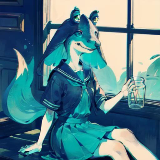 prismatic, shouhui, limited palette, jar jar binks, Beautiful Art Style, 1girl, young woman, looking at viewer, spiky hair, gradient, figure four sitting, school girl costume <lora:jarJarBinksGunganStar_v3:0.6> <lora:shouhuiline:1>, aqua theme