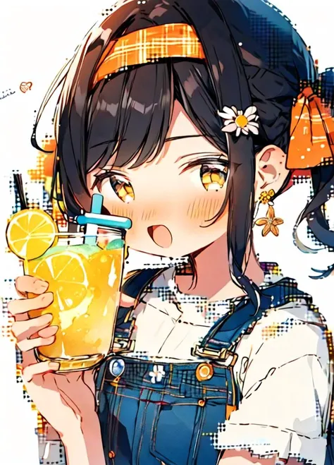 shouhui, 1girl, :d, bangs, black hair, blush, bow, bracelet, brown eyes, cup, drink, drinking glass, drinking straw, flower, food, fruit, hair bow, hair ribbon, holding, holding cup, jewelry, leaf, lemon, lemon slice, looking at viewer, open mouth, orange ...