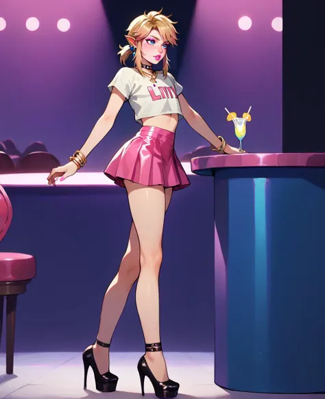 a woman in a pink skirt and a white shirt standing at a bar