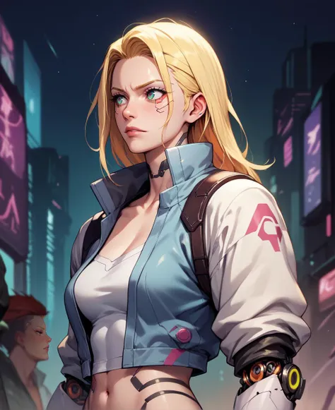 a woman in a white shirt and blue jacket standing in front of a city